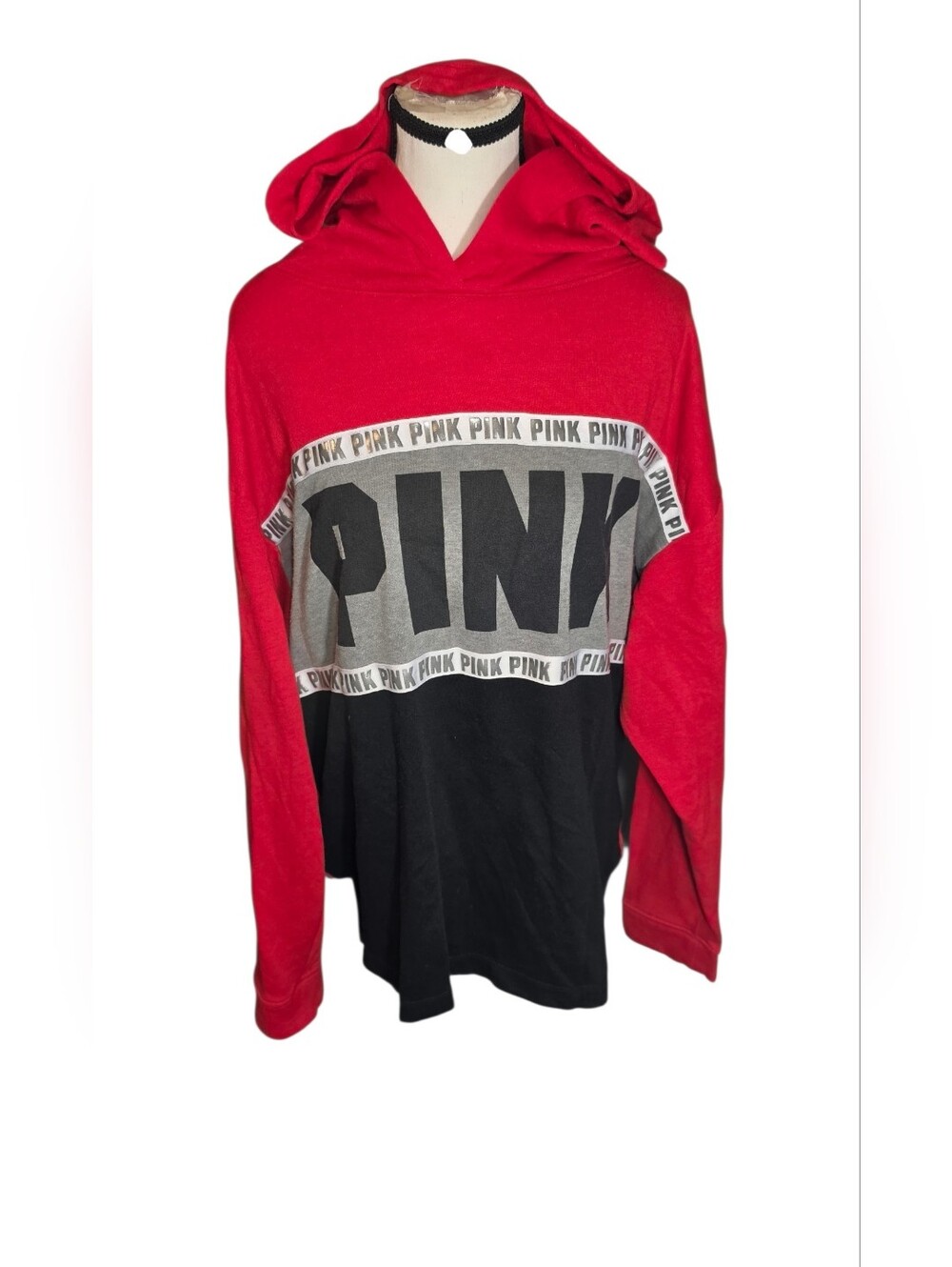 PINK Victoria's Secret Red, Gray & Black Logo Block Hoodie/Pit To Pit 25Inch/